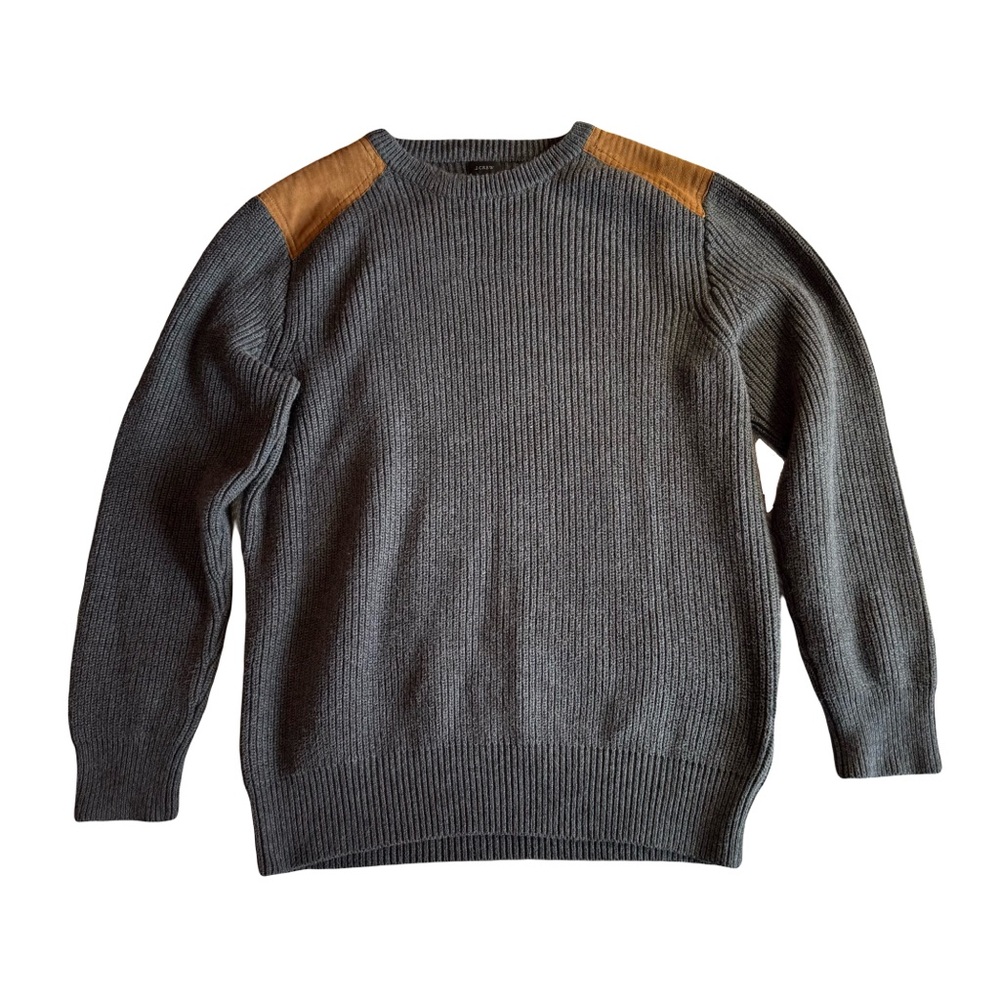 Men's J Crew Cotton Crewneck Sweater Genuine Leather‎ Patches Gray Size L